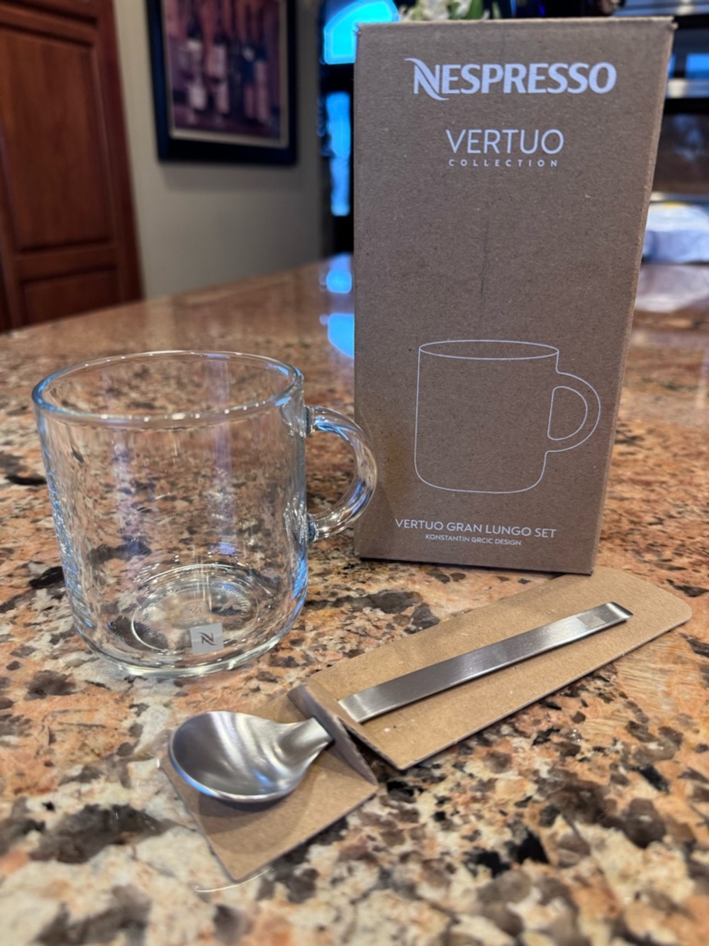 Nespresso Clear Glass Mugs with Silver Stainless Spoons - 2 mugs and 2 spoons